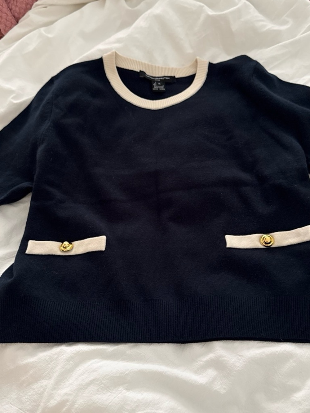 French Connection Navy Crewneck Sweater with Cream Trim and Gold Buttons